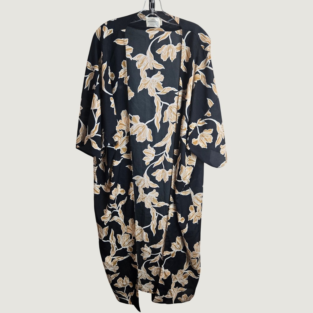 Maison Du Soir Kimono Duster Robe L/XL Black Gold Floral Open Front Boho Resort